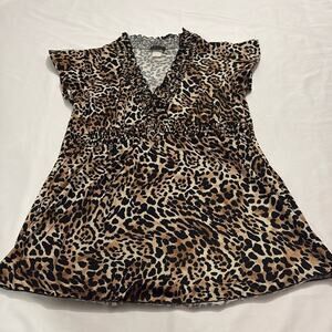 Vintage Womens Medium Y2k Baby Doll Top Surplice Blouse Leopard Animal Print